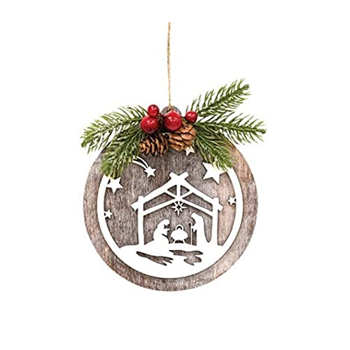 CWI Gifts Wooden Nativity Hanging Ornament with Pine, Christmas Home Decor