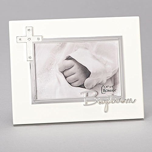 Roman Baptism With Jewel Tone Accent Traditional Cross Cream 9 x 7 Wood Photo Frame