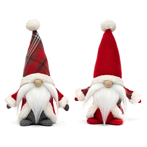 MeraVic Season Greetings Gnome Red/Black Plaid with Wired Hat, Pom-Pom, Wood Nose, White Mustache/Beard, Arms and Feet, Set of 2, 9 Inches, Christmas Decoration