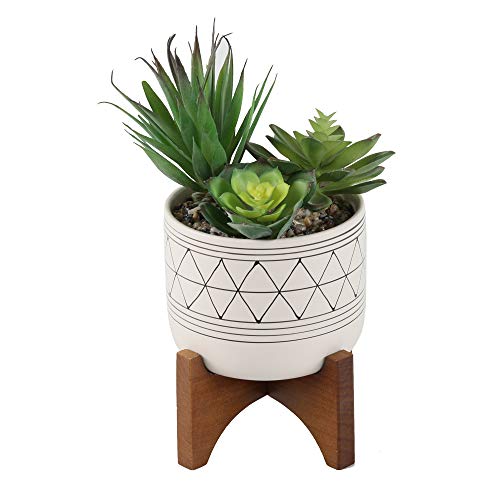 Flora Bunda Artificial Succulents in 5 Inch White Black Line Geometric Ceramic Planter with Wood Stand Mid Century for Home Office Decor
