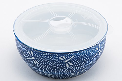 FMC Fuji Merchandise Microwave Ceramic Bowl With Lid Ideal For Food Prep Food Storage Meal Planning (Blue Dragonfly 6")