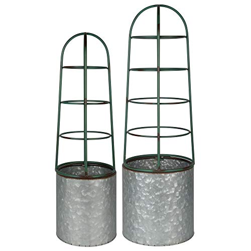 Esschert Design USA OZ64 Old Zinc Round Metal Flowerpots with Obelisk Trellis Support, Silver