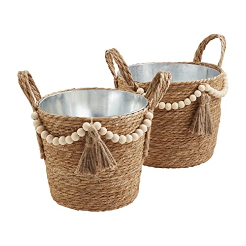 Mud Pie Hyacinth Beaded Party Tub, Small 9" x 14 1/2" | Large 10" x 16" Brown