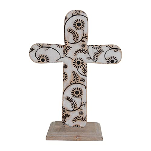 Foreside Home & Garden White Floral Wood Cross Decorative Tabletop Accent