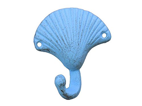Hampton Iron Handcrafted Nautical Decor Rustic Light Blue Seashell Hook 6" - Cast Iron Decoration - Antique Vintage Cas