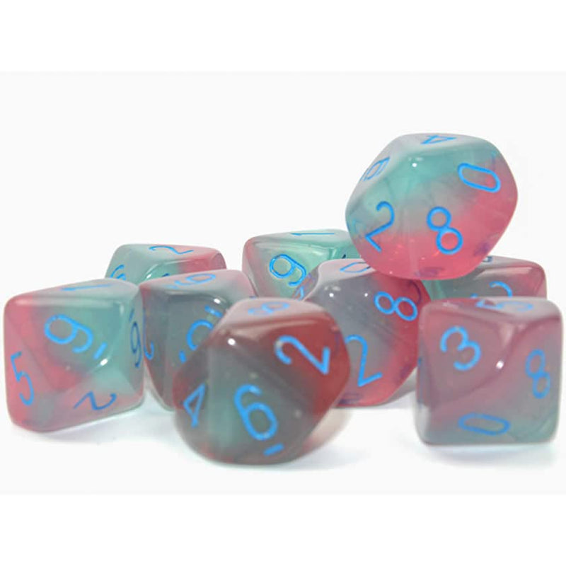 Wondertrail Gel Green and Pink Gemini Luminary Dice with Light Blue Numbers D10 16mm (5/8in), Oxi-Copper Marble, Pack of 10