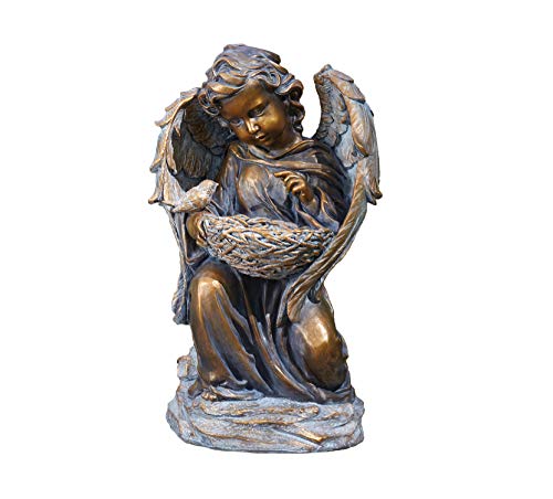 Roman Solar Angel Bronze with Birdbath Garden Statue, 17.75-inch Height