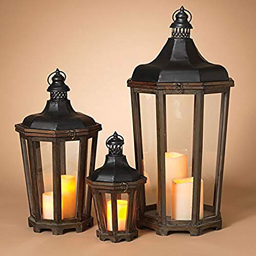 Gerson GIL 2154720 S/3 Wood Lantern w/Metal Top Christmas, 15InL x 15InW x 30.25InH, Black