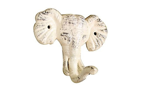 Hampton Iron Handcrafted Nautical Decor Whitewashed Cast Iron Elephant Hook 5" - Iron Hook - Metal Elephant
