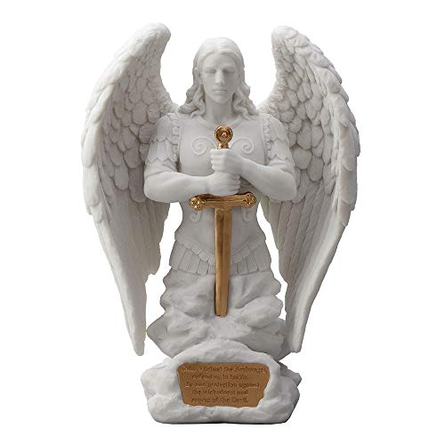 Unicorn Studio Veronese Design 9.1 Inch Saint Michael Prayer Archangel Monument Marble White Golden Finish Angel Statue