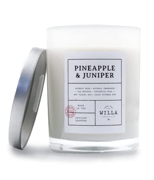 Willa Pineapple & Juniper Highly Scented Candle - All Natural Soy Wax Luxury Candles Artisan Made in the USA with Essential Oils - Best for a Home / Aromatherapy / Gift / Spa / Bathroom 9oz Jar Candle