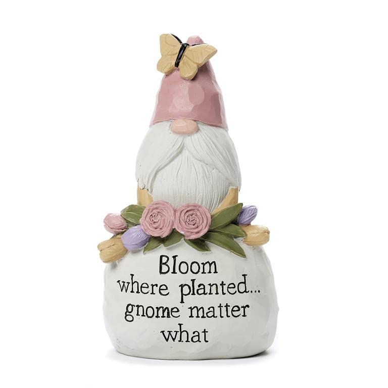 Blossom Bucket Garden Gnome with Pink Hat Sitting On Stone, 4.25-inch Height, 2.25-inch Diameter, Garden Sculpture, Outdoor Decor