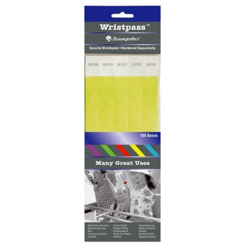 Wholesale CASE of 15 - Baumgartens Wristpass Dupont Tyvek Wrist Bands-Security Wrist Band,Tear-Resistant,10"x3/4", 100/PK, YW