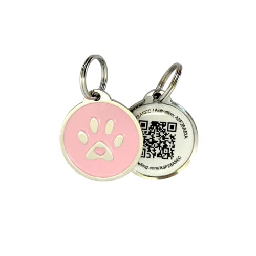 Pet Dwelling 2D QR Code Pet ID Tag - Dog Tags - Cat Tags, Link to Online Pet Profile, Instant Email Alert with Scan QR Code GPS Location(Pink Paw)