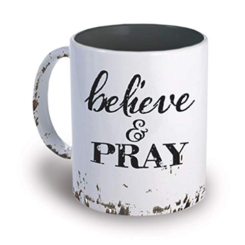 Divinity Believe and Pray Black and White 12 oz Ceramic Distressed Mug