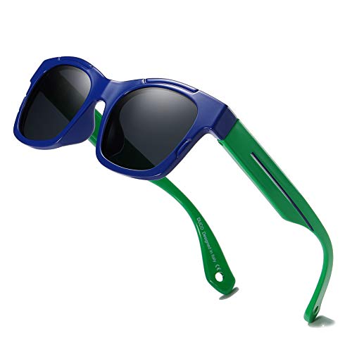 Duco Polarized Kids Sunglasses Boys Cute Unbreakable Sunglasses for Kids UV400 Protection Age 5-10 K019(Blue Frame Green Temple)