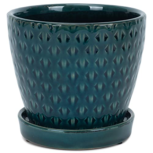 Napco Geometric Triangle 4.75 x 5.5 Inch Teal Green Ceramic Flower Pot Planter with Saucer