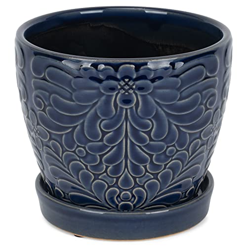 Napco Floral Pattern 4.5 Inch Cobalt Blue Ceramic Flower Pot Planter with Saucer