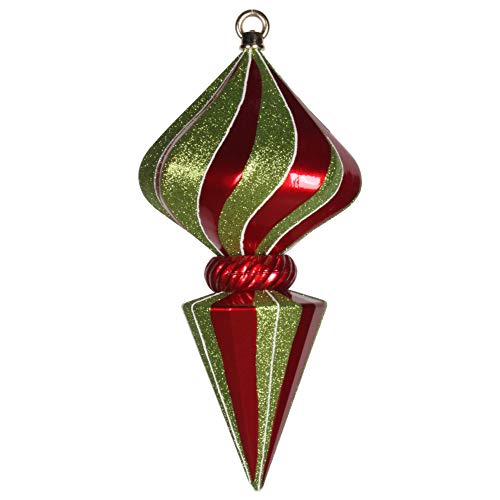 Vickerman 12" Striped Shiny Diamond Finial Christmas Ornament with Glitter Accents, Shatterproof Plastic, Holiday Christmas Tree Decoration, Red and Lime