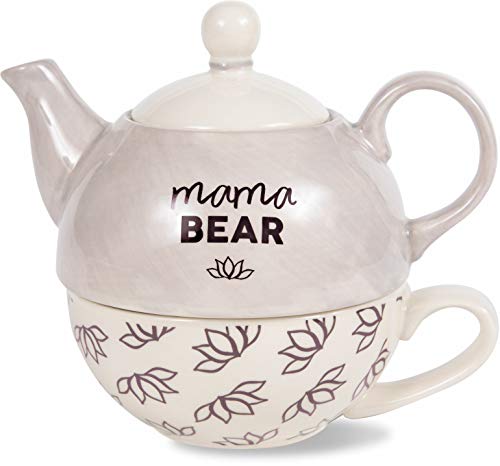 Pavilion Gift Company Pavilion-Mama Bear-15 Oz 8 Oz Teacup Tea for One Set Teapot, 6 Inch Tall, Beige