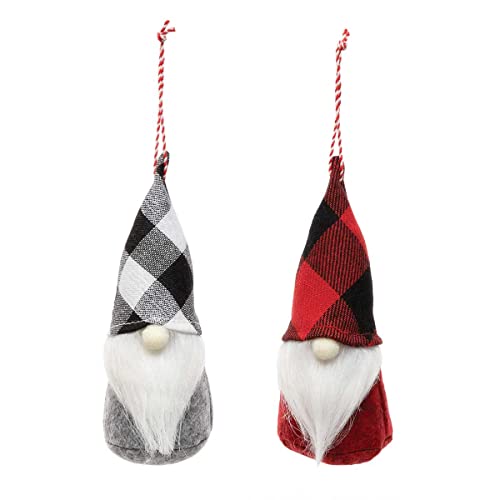 MeraVic Buffalo Plaid Gnome Mini Ornament Black/Red with Fabric Nose, White Beard and Red/White String Hanger, Set of 2, 6 Inches, Christmas Decoration