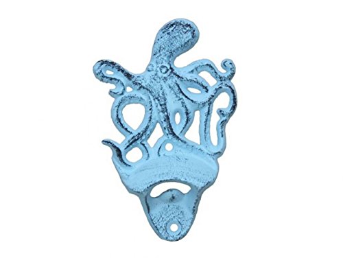 Hampton Iron Dark Blue Whitewashed Cast Iron Wall Mounted Octopus Bottle Opener