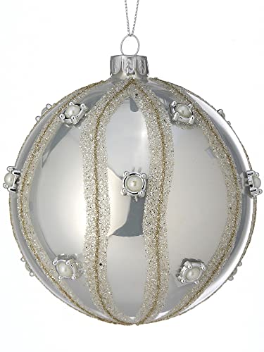 Regency International Beaded Pearls Ball Hanging Ornament, 4-inch Length, Glass, Silver Champagne