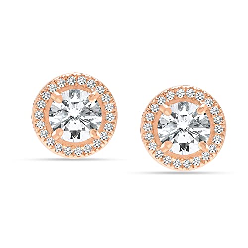 LeCalla 18K Rose Gold-Plated 925 Sterling Silver Post Brilliant Round Cubic-Zirconia Halo Stud Earrings for Women Teen