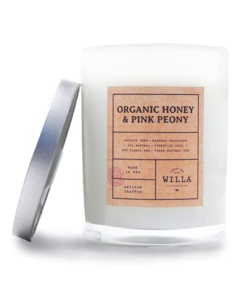 Willa Organic Honey & Pink Peony Highly Scented Candle - All Natural Soy Wax Luxury Candles Made in The USA with Essential Oils - Best for a Home / Aromatherapy / Gift / Spa / Bathroom 9oz Jar Candle
