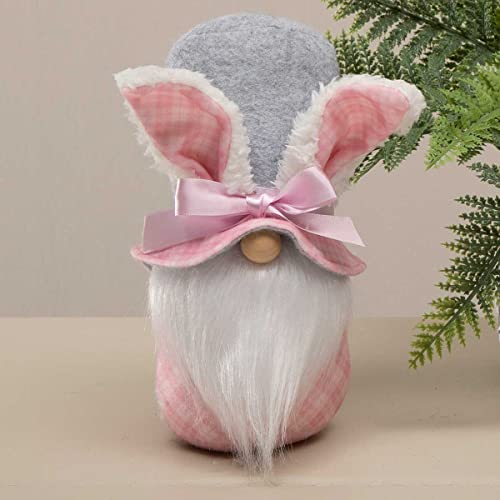MeraVic Bunny Face Gnome Pink & White & Grey with Wired Ears and Bow On Hat, Wood Nose, White Beard and Bunny, 8 Inches - Spring Decoration