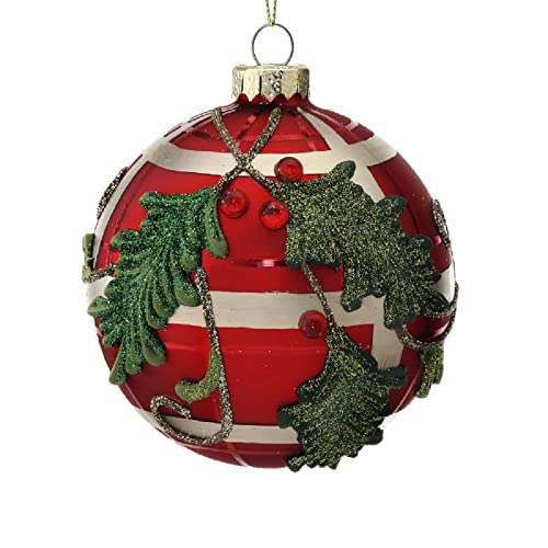 Regency International Holy Leaf Ball Hanging Ornament, 4-inch Diameter, Glass, Resin, Red, Green, and Silver