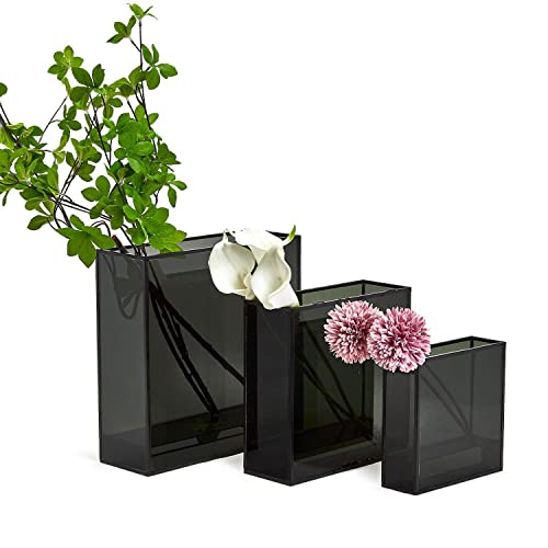 Two's Company Smoke Windows Set of 3 Square Vase w/Black Metal Trim in 3 Sizes - Glass/Metal