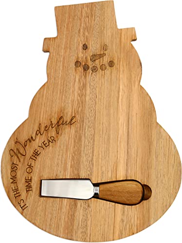 Pavilion 9" x 12" Snowman Shaped Acacia Wood Serving Board Cutting Board with Matching Knife