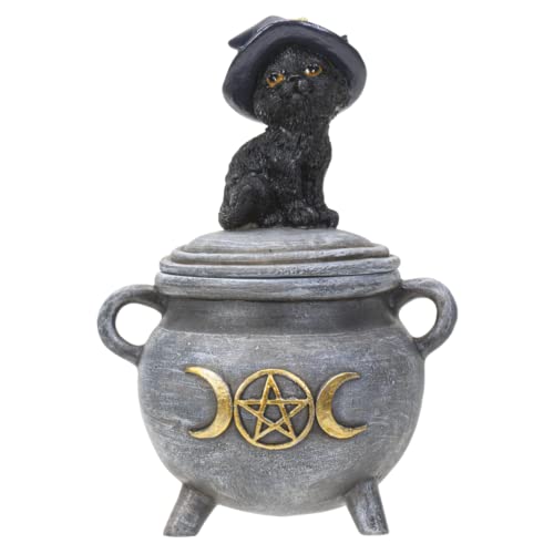 Pacific Trading Giftware Black Cat with Witch Hat Sitting on Cauldron Box, Polyresin Jewelry or Coin Holder, 3.93 Inches x 3.14 Inches x 5.5 Inches