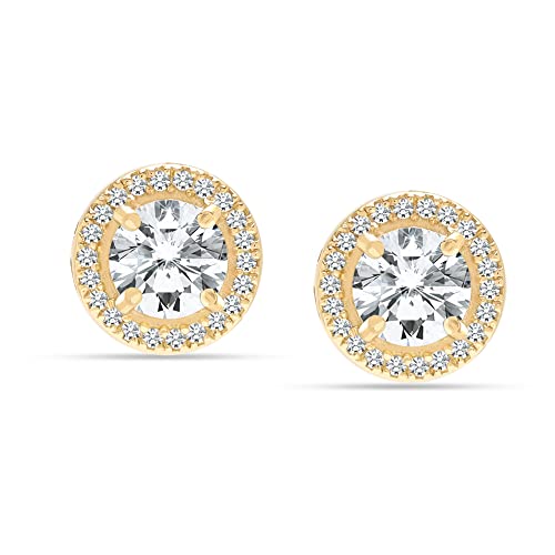 LeCalla 18K Gold-Plated 925 Sterling Silver Post Brilliant Round Cubic-Zirconia Halo Stud Earring for Women Teen