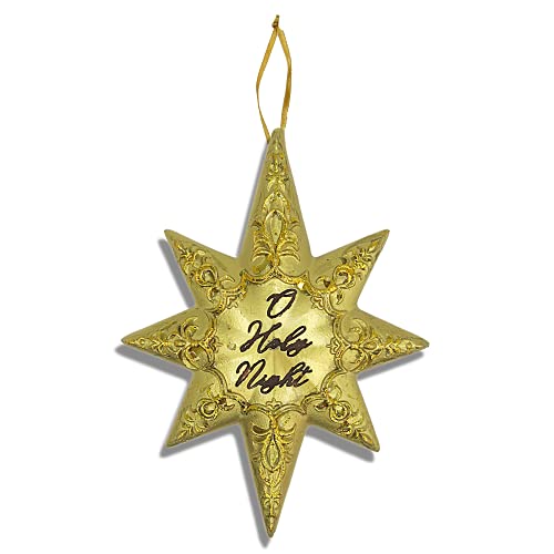 Roman Gold Tone Heavy and Star of Bethlehem Shaped O Holy Night Christian Christmas Ornament, Reason for The Season Religious Ornaments for Tree, 4.25 Inches