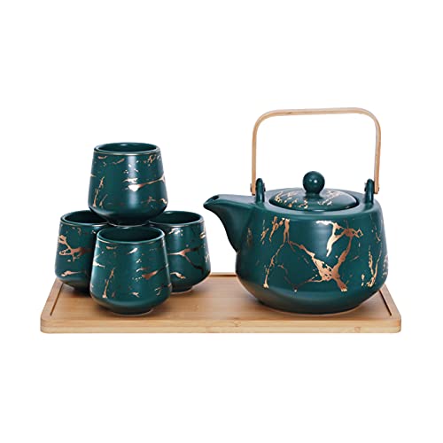 FMC Fuji Merchandise Marble Design Tea Serving Set Wooden Tray Ceramic 37 fl oz Teapot with 4 Piece Porcelain Tea Cups 7 fl oz Modern Japanese Tea Set, Tea Pot Set for Home and Office Green Color