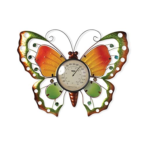 Gerson International Butterfly Wall Decor with Thermometer, 16.5-inch Height, Metal & Fused Glass