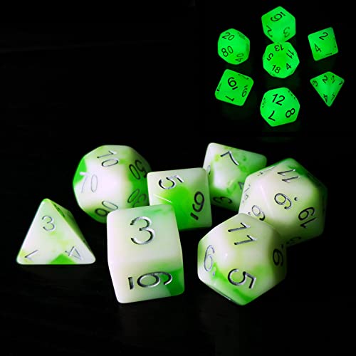 Bescon Dice Glowing Polyhedral RPG Dice Set Luminous Jade, Bescon Dice Glow in Dark Poly Dice Set of 7, DND Role Playing Game Dice