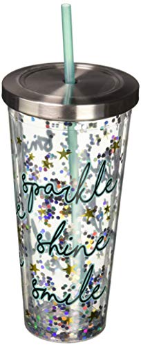 Spoontiques 21312 Shine Smile Sparkle Glitter Cup With Straw, Multicolor