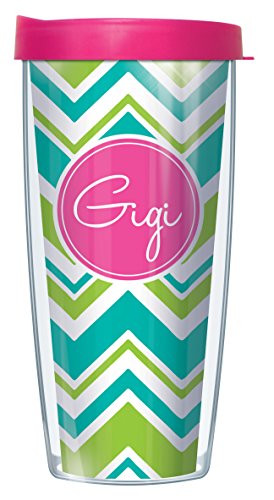 Freeheart Signature Tumblers Gigi Hot Pink Insignia Wrap on Teal and Lime Chevron 16 Ounce Double-Walled Travel Tumbler Mug with Hot Pink Easy Sip Lid