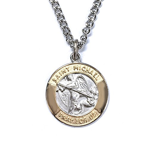 True Faith Jewelry Sterling Silver St Michael Medal Pendant Patron Saint Archangel Necklace with 14K Gold Plated Border, 5/8-inch