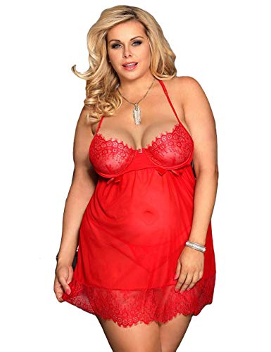 Comfy Hour Women's Sexy Sheer Floral Eyelash Trim Lace Babydoll Lingerie Set, Pajama, Red, Medium