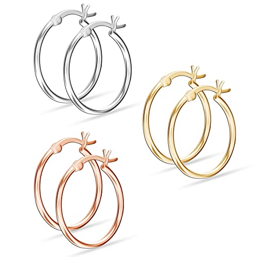 LeCalla 925 Sterling Silver Set of 3 Pairs Click-Top 3 Colors Hoop Earrings for Girl Teen Women 30MM