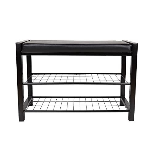 Danya B. Leatherette Entryway Bench with Two Metal Shoe Racks (Black/Black)
