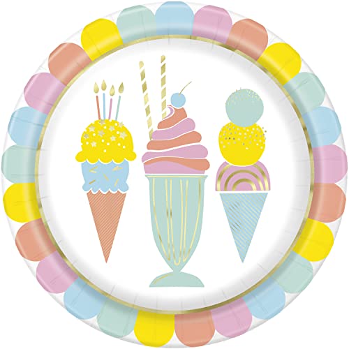 Unique Industries Unique 16765 Paper Plates-23 cm-Pastel Ice Cream Summer Party-8 Count (Pack of 1), Multicolour