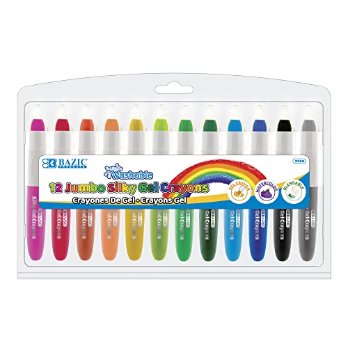 BAZIC Jumbo Silky Gel Crayons 12 Color, Washable Blendable Non Toxic Watercolor Crayon for Coloring Book (12/Pack), 1-Pack