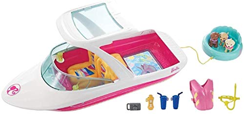 Mattel Barbie Dolphin Magic Ocean View Boat Playset - Take Barbie Doll and Her Friends for a Water Ride - Puppies Can Tube Behind - Scuba Snorkel and Life Vest Included - Dolls Sold Separately