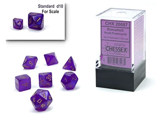 Chessex Dice Set ‚Äì 10mm Borealis Purple/Gold Luminary Polyhedral Dice Set ‚Äì Dungeons and Dragons D&D DND TTRPG Dice ‚Äì Includes 7 Dice - D4 D6 D8 D10 D12 D20 D% (CHX20587)