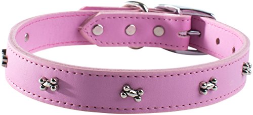 OmniPet Signature Leather Dog Collar with Bone Ornaments, Rose, 10"